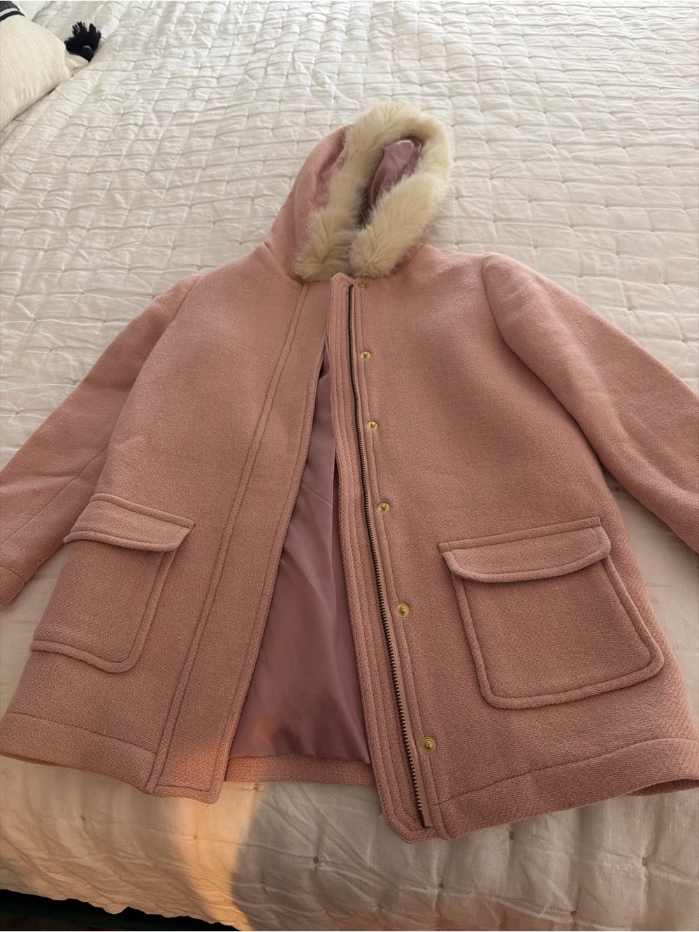Children’s Pink Hooded Brooks Brothers Wool-Blend Coat with Faux Fur Trim